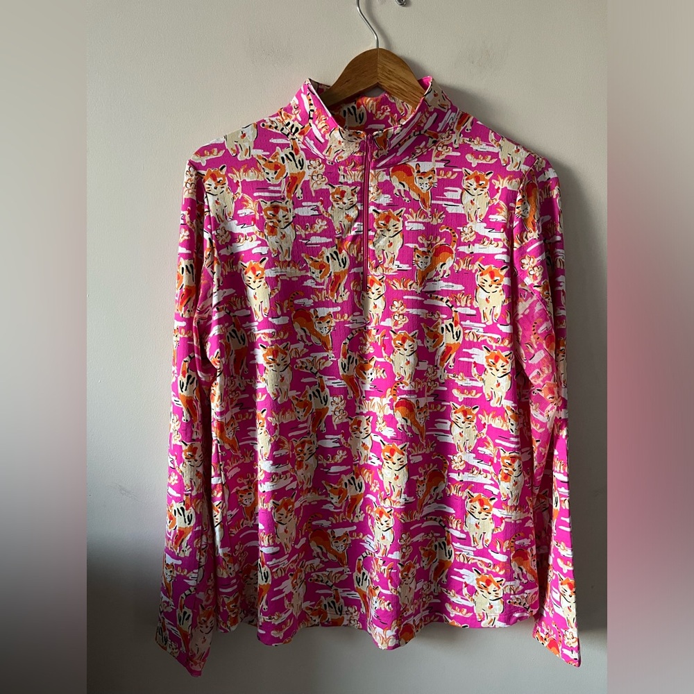 IBKUL Pink Cat Print Long Sleeve Half-Zip Top